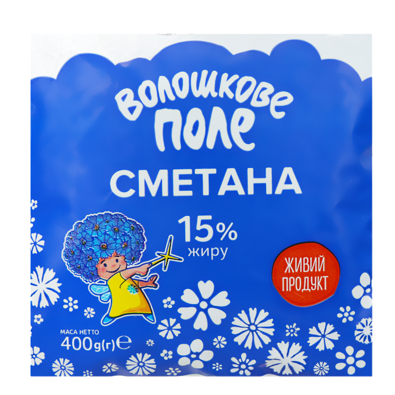 Сметана 15%, 400г, плівка ВОЛОШКОВЕ ПОЛЕ